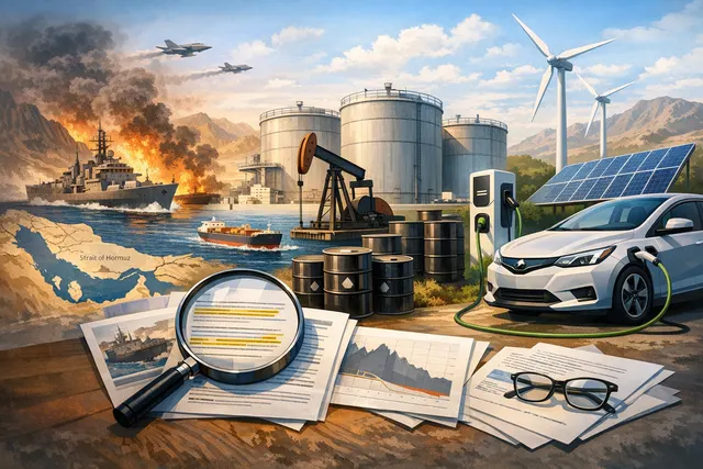 An abstract visualization of oil tankers, EV charging stations, and a globe representing the 2026 Iran war oil supply disruption and China's strategic petroleum reserve.