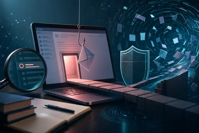 Illustration of an email phishing message passing through security layers into a browser-based redirect chain