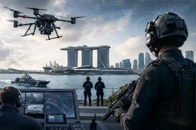 Editorial illustration of weaponised police drone being remotely operated in an urban security scenario