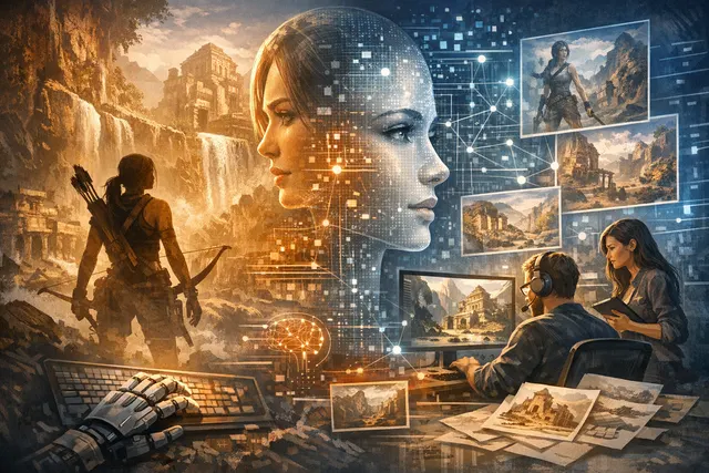 Concept art showing Lara Croft in a reimagined ancient tomb environment for Tomb Raider: Legacy of Atlantis, with subtle digital artifacts suggesting AI-assisted early development