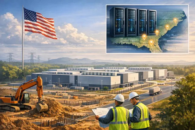 Illustration of a large data centre campus under construction in the southeastern United States