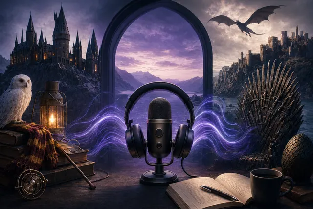 Editorial illustration of HBO Max franchise podcasts including Harry Potter and Game of Thrones