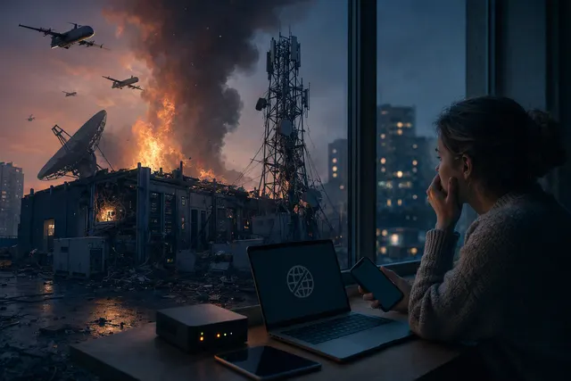 AI-generated editorial illustration accompanying a report on Kyiv internet disruptions