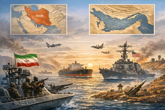 A dramatic map visualization of the Strait of Hormuz with cargo ship icons and digital currency symbols, depicting Iran's toll regime.