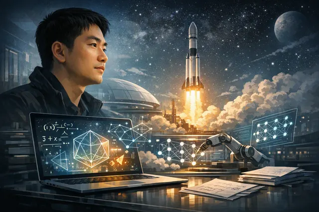 Editorial illustration of AI researcher Tony Wu and a grand Hillsborough estate