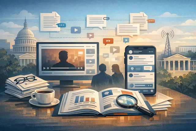 Conceptual digital illustration of a person's silhouette composed of social media icons including YouTube and X logos, with data streams flowing from them to a warning symbol.