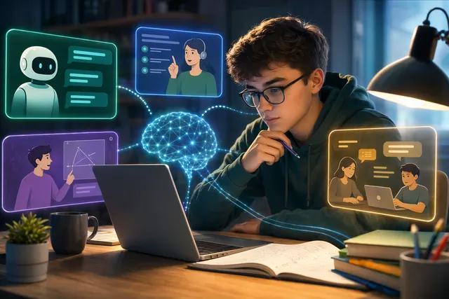 Illustration d’un étudiant utilisant une IA pour réviser ses cours sur ordinateur
