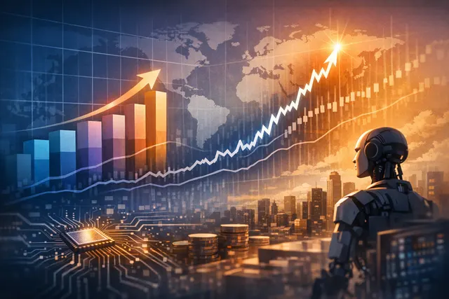 An editorial chart showing a sharply rising line for global momentum stocks in 2026, overlaid with AI-themed visual elements and market data, illustrating the record-breaking AI-dr
