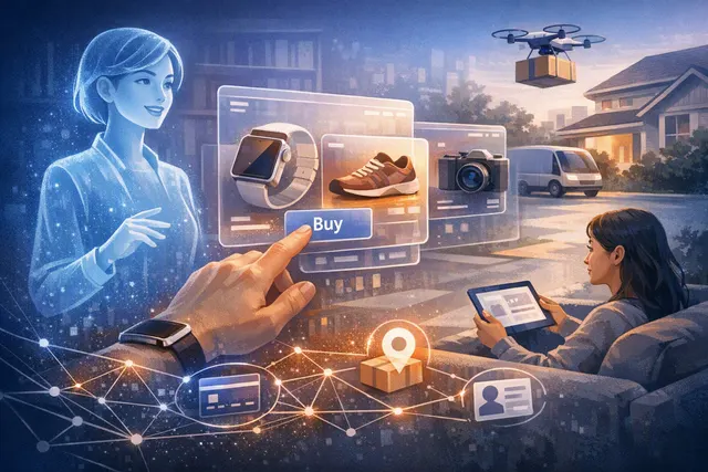 Illustration of an AI shopping agent connecting a product page, digital wallet, and merchant payment system