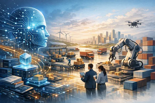 Illustration of JD.com’s JoyAI models, warehouse robots, delivery vehicles, and physical AI infrastructure