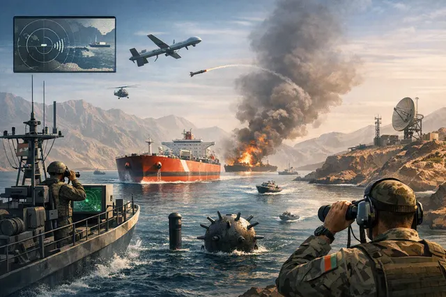 Cargo tanker and military vessels navigating a narrow maritime chokepoint near the Strait of Hormuz during a regional conflict
