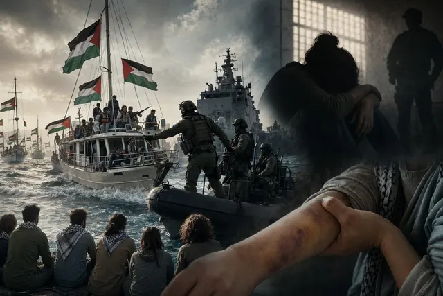 Illustration representing the interception of the Gaza-bound Global Sumud flotilla by naval forces