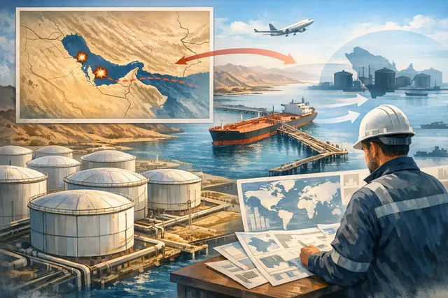 Saudi Aramco oil storage tanks and pipeline infrastructure, representing the company's planned global expansion of strategic oil reserves following the 2026 Strait of Hormuz crisis