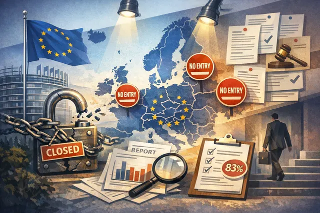 An illustration representing the MiCA regulation deadline, showing a gavel, the EU flag, and cryptocurrency symbols.