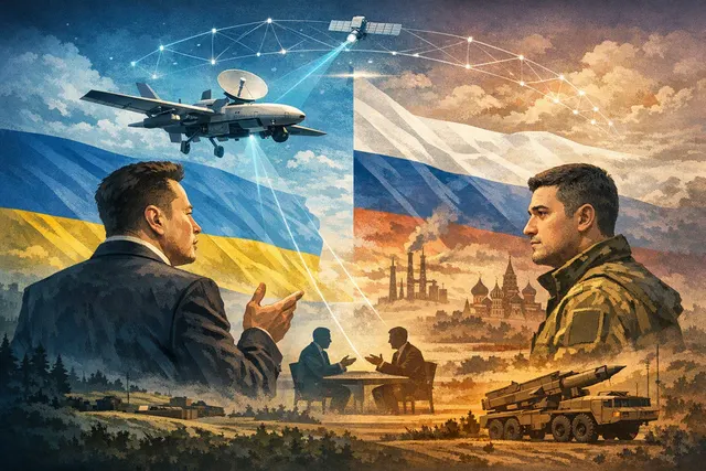 Illustration of a Ukrainian drone using Starlink connectivity over a map of Ukraine and Russia
