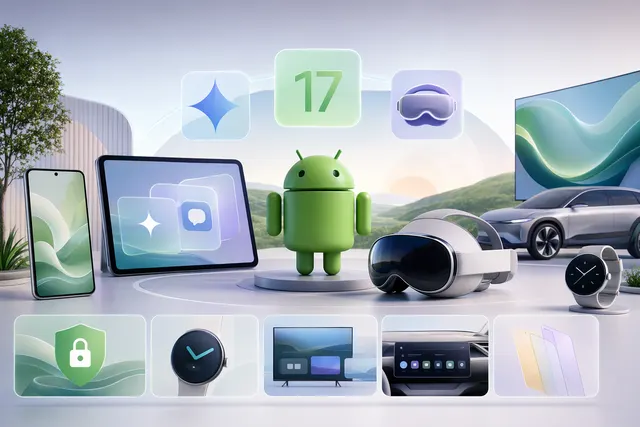 Editorial illustration of Android devices, XR glasses and Google I/O-style visuals representing The Android Show 2026