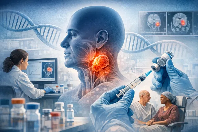 Abstract digital illustration of a bispecific antibody engaging a tumor cell, representing the clinical trial results for amivantamab in head and neck cancer.