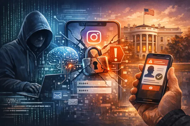 Conceptual illustration of an AI chatbot interface being manipulated by a hacker to bypass Instagram account security, representing the prompt injection attack on Meta's account re
