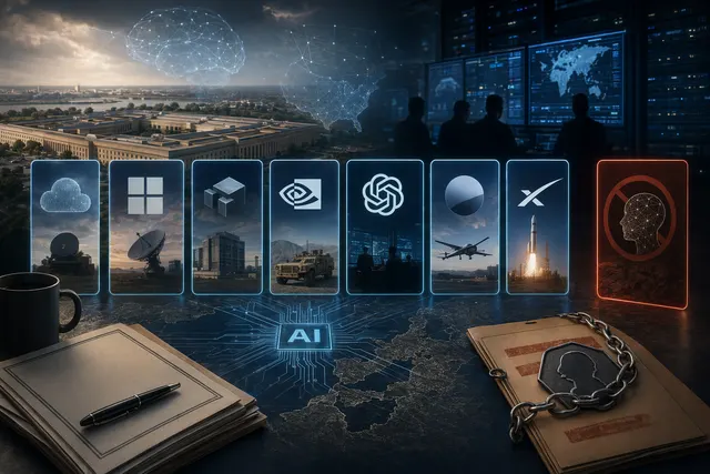 AI-generated illustration of the Pentagon with AI network graphics symbolizing classified military AI agreements