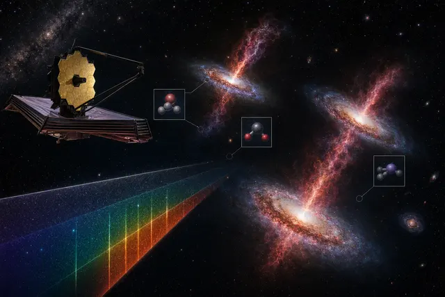 AI-generated editorial illustration about enriched gas and massive stars in early galaxies