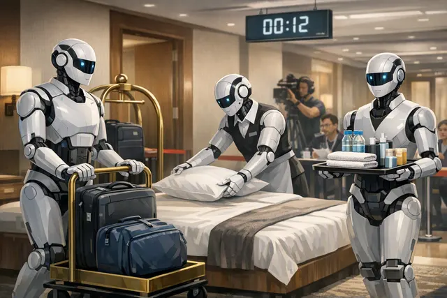 Humanoid robot performing hotel housekeeping tasks with luggage and a bed