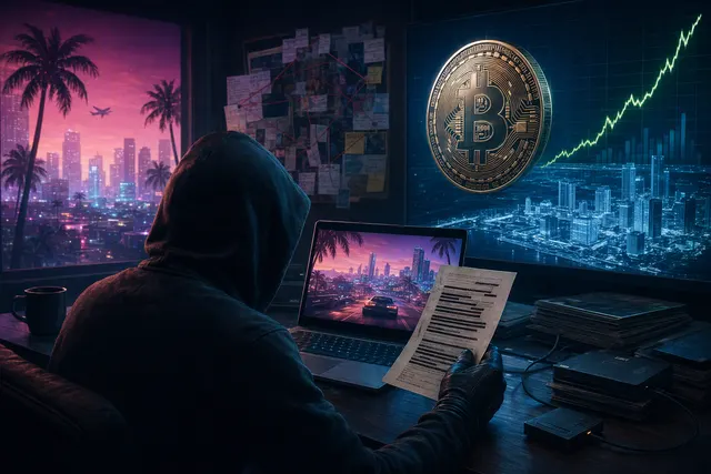 AI-generated editorial illustration accompanying an article about Cyberleek’s GTA 6 leak threat and cryptocurrency ultimatum