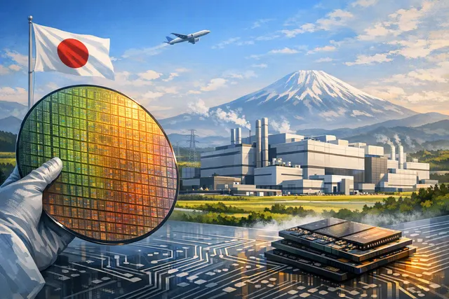 Editorial illustration of a memory-chip fabrication plant in Japan