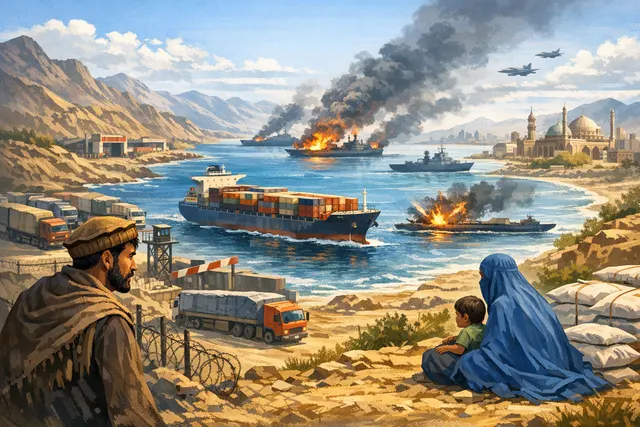 Aerial view of a blocked maritime chokepoint with cargo ships stranded, visually representing the Strait of Hormuz closure and its choking effect on Afghanistan's trade and aid shi