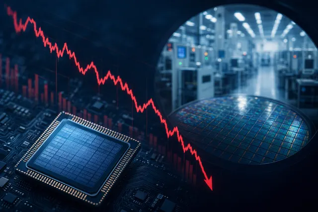 Editorial illustration accompanying an article about Intel’s Terafab role and the stock’s October 9 decline