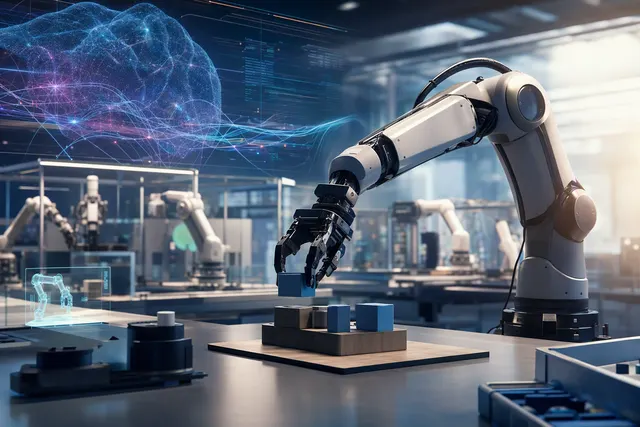 Conceptual illustration of a robot interacting with its physical environment, representing Simate-beta’s fast-control and physical AI goals.