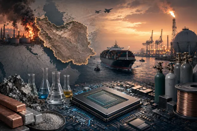 Illustration of global semiconductor supply chains affected by energy and shipping disruptions linked to the Iran war