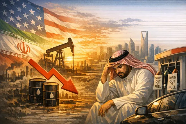 Fiscal pressure concept showing declining oil price charts overlaying a map of Saudi Arabia, representing the kingdom's budgetary strain after the US-Iran peace deal.