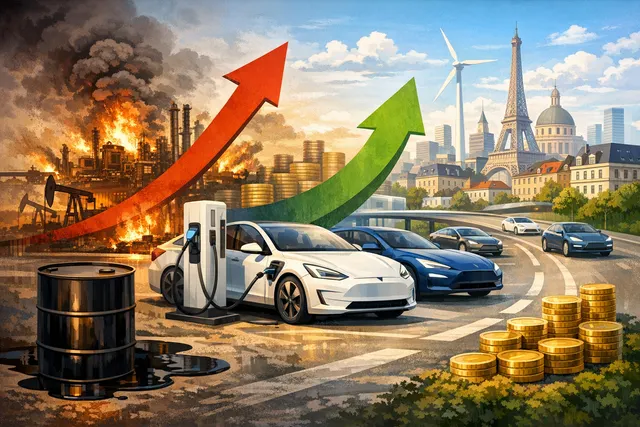 European electric vehicle charging station with a car connected, symbolizing the EV market surge driven by war-fueled oil prices and the uncertainty created by the US-Iran peace fr