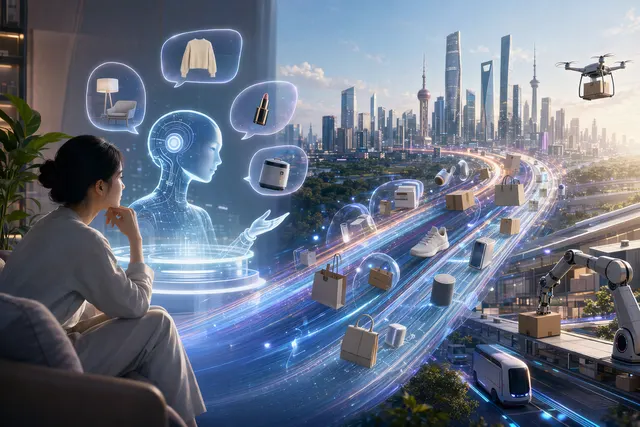Concept illustration of AI agents assisting users with conversational online shopping in China