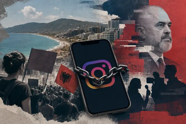 Editorial illustration about Instagram account suspensions during protests in Albania