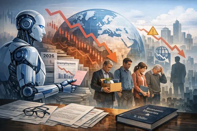 A conceptual image representing the economic risk of AI-driven job displacement, featuring graphs, data points, and a warning signal overlaid on a futuristic cityscape.