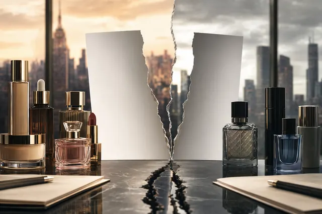 Conceptual illustration representing the collapsed merger talks between Estée Lauder and Puig in the global beauty industry