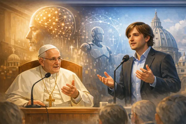 Christopher Olah and Pope Leo XIV presenting the AI encyclical Magnifica Humanitas at the Vatican