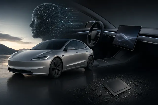 Illustration of an in-car AI assistant interface inside a Tesla-style vehicle cabin