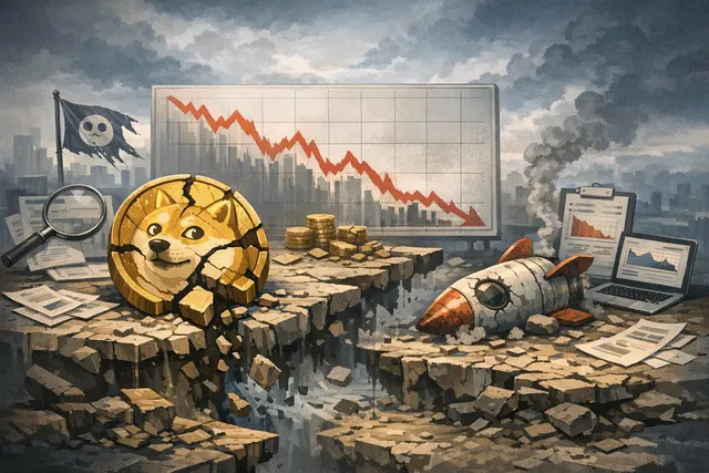 A chart or visual representation of the declining memecoin market, with falling arrows and cryptocurrency symbols like DOGE and SHIB against a dark background.
