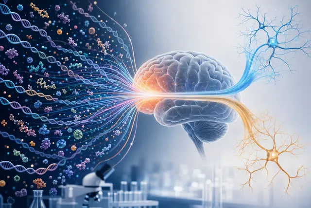 Editorial illustration of molecular pathways and brain gene-expression patterns in autism research