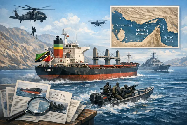 AI-generated editorial image of a bulk carrier breaking apart in the Strait of Hormuz near Bandar Abbas, Iran, with dramatic waves and smoke representing the 2026 shipping crisis.