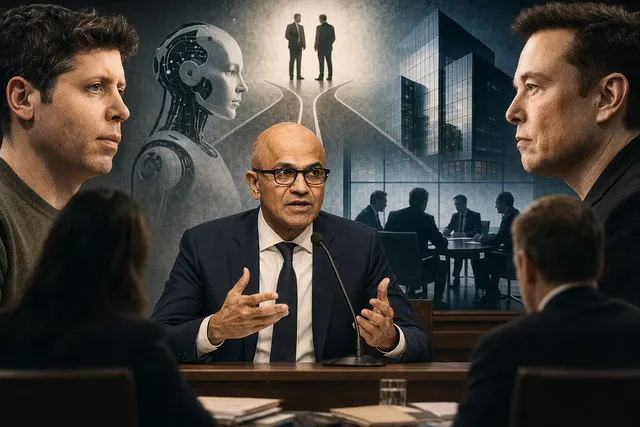 AI-generated editorial illustration of the Elon Musk and Sam Altman OpenAI trial