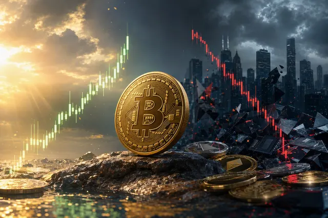 Editorial illustration of Bitcoin amid a technology-stock market selloff