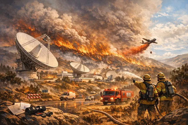 Concept image of wildfire smoke and flames near a satellite dish array representing the Madrid Deep Space Communications Complex during the July 2025 Sierra Oeste fire.