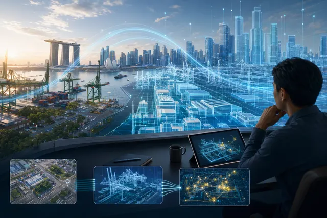 Illustration of a digital twin connecting business operations with a digital model