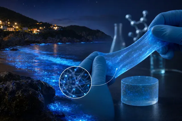 Illustration of a flexible material glowing blue when stretched, inspired by Taiwan’s Blue Tears phenomenon