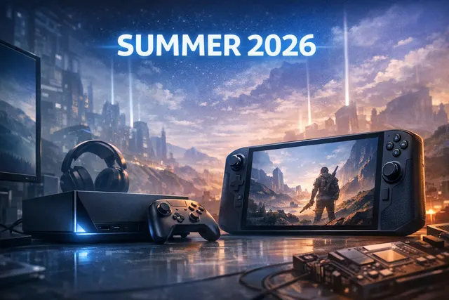 Valve Steam Machine console and Steam Frame VR headset side by side with summer 2026 release window graphic