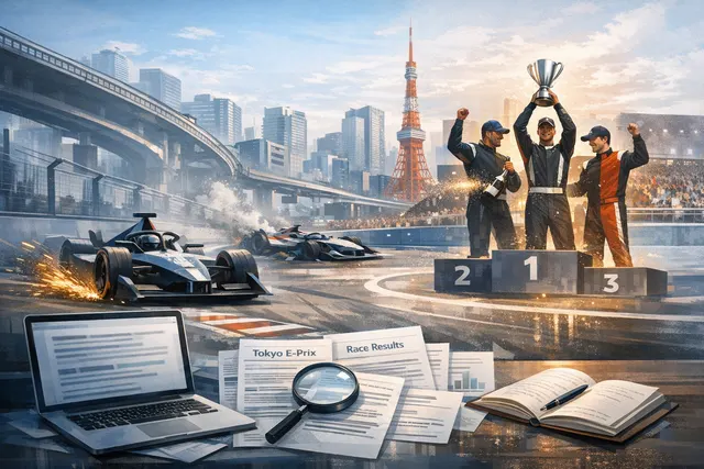 A dramatic night race scene at the 2026 TDK Tokyo E-Prix with Formula E cars racing under city lights and wet track conditions.