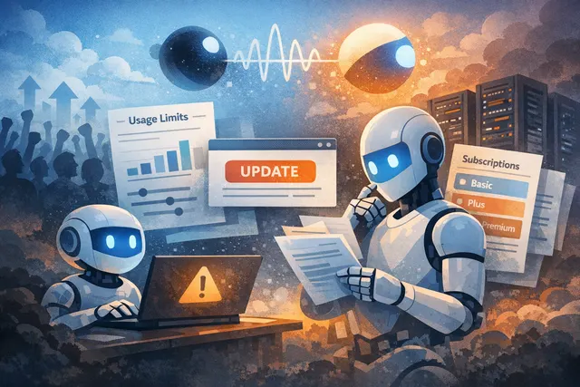 Conceptual illustration of a confused user looking at a Gemini AI interface displaying a 'usage limit reached' message, representing backlash against Google's new compute-based bil